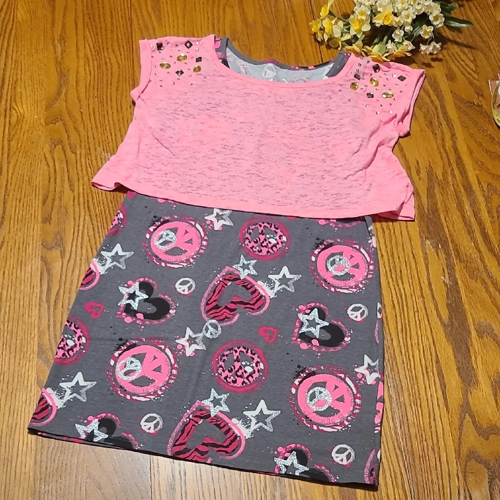 Justice NWOT Pink and Gray Graphic Peace Layered Dress - Girl's 12